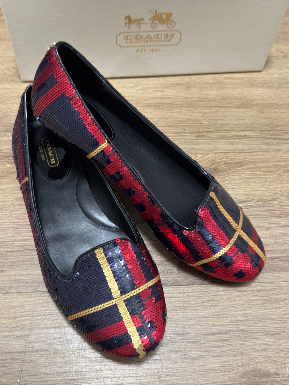 Y2K Coach Red, Navy & Gold Sequin Plaid Slip-On Flats